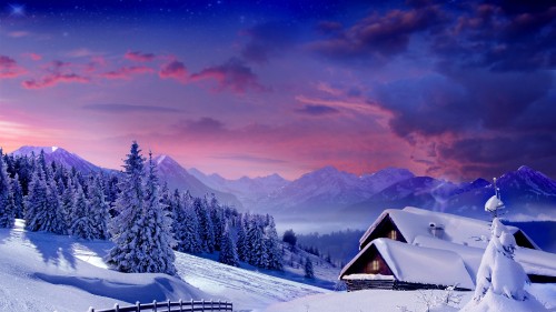 Image brown wooden house on snow covered ground near snow covered mountain during daytime